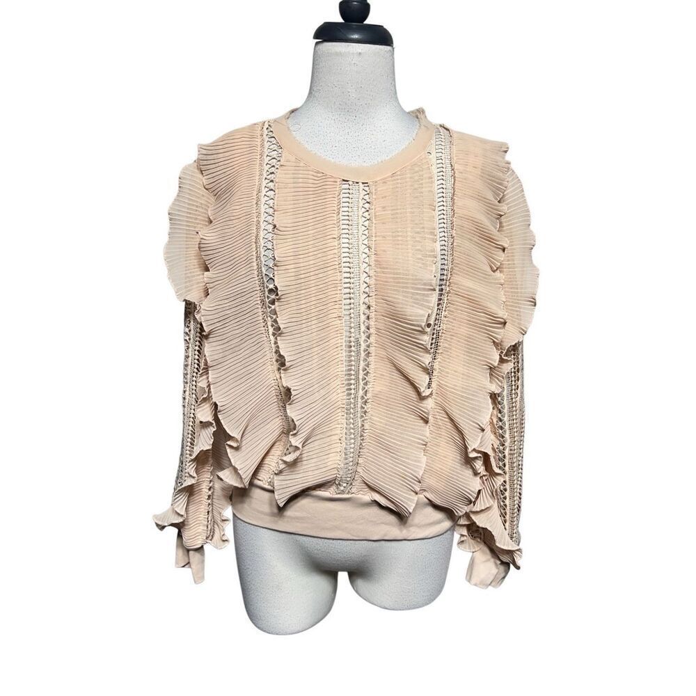WHY Dress Long Sleeve Perforated Sheer Ruffled Blouse Size Small